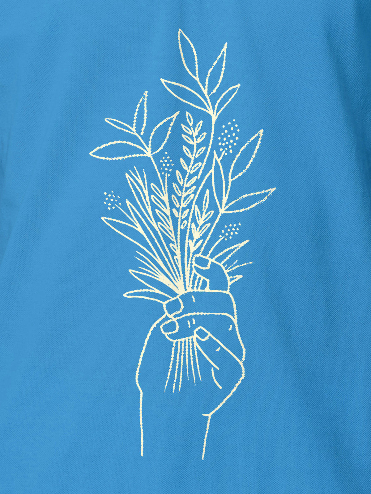 Close up of another 'There's Always a Sunrise' design on Men's Blue Collar T-shirt, highlighting the vibrant print.