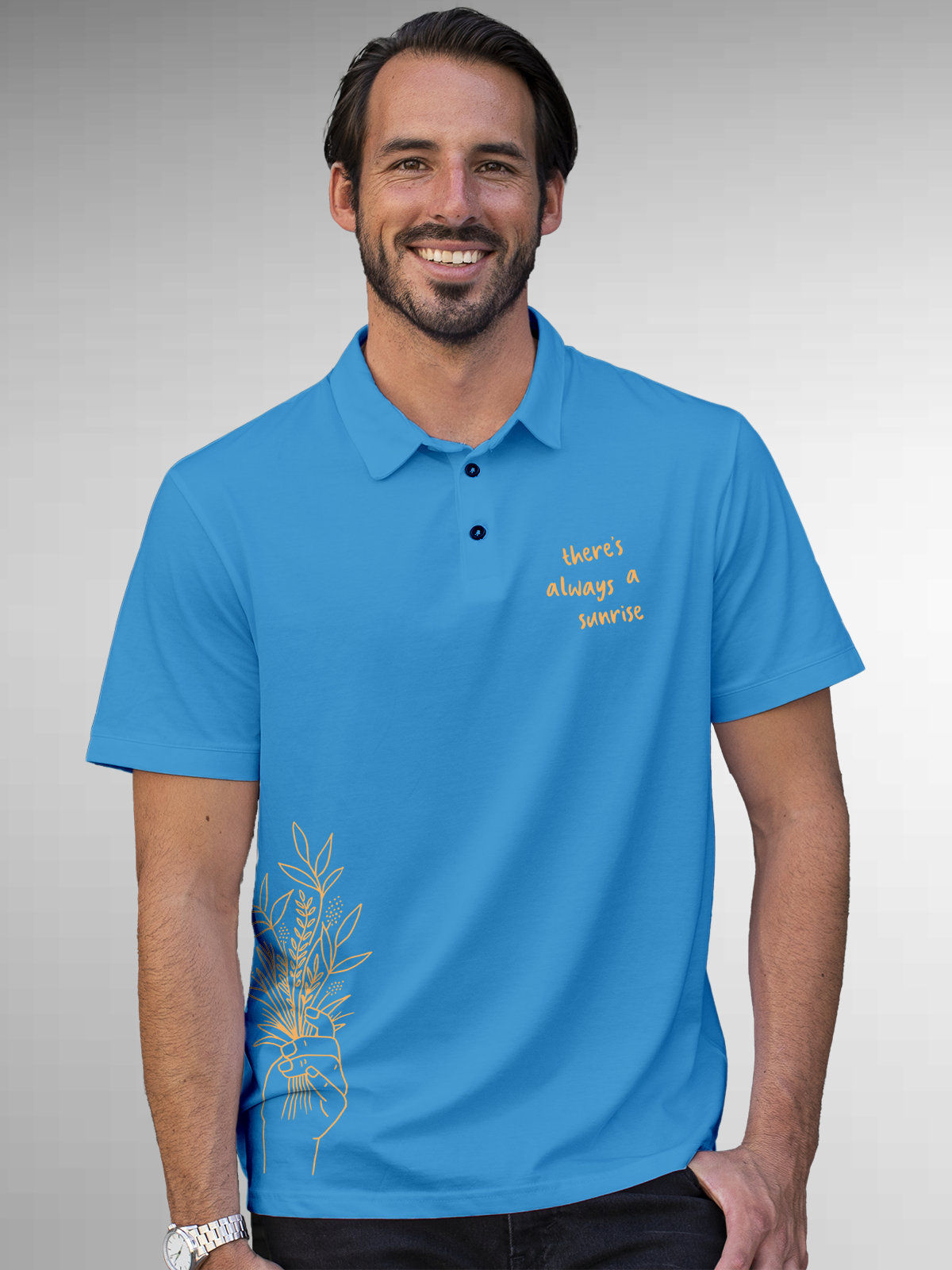 Model wearing Men's Blue Polo T-shirt with 'There's Always a Sunrise' design, offering effortless style and premium comfort