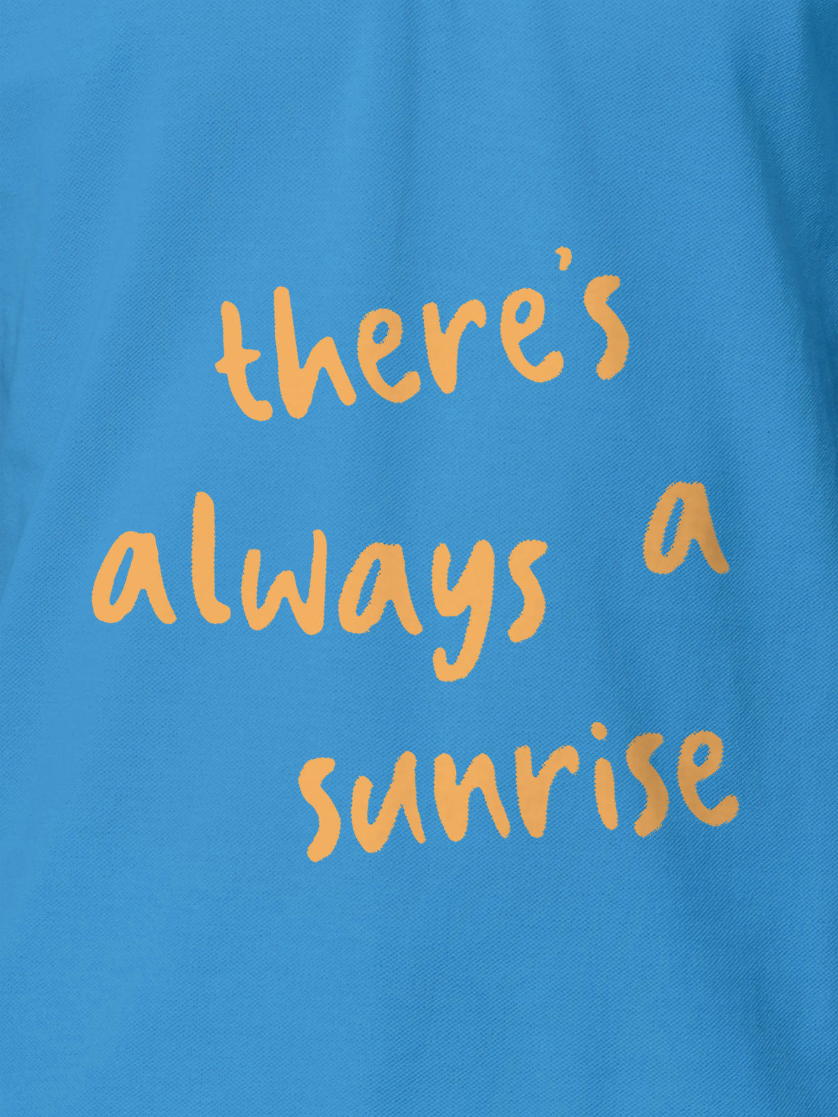 Close up of 'There's Always a Sunrise' design on Men's Blue Polo T-shirt, highlighting intricate details and vibrant print.