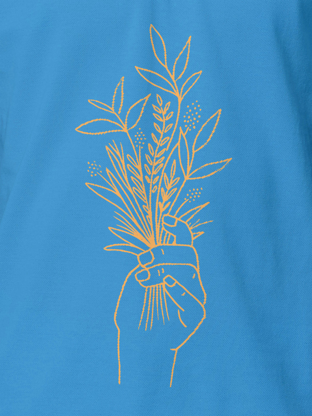 Close up of another 'There's Always a Sunrise' design on Men's Blue Collar T-shirt, highlighting the vibrant print.