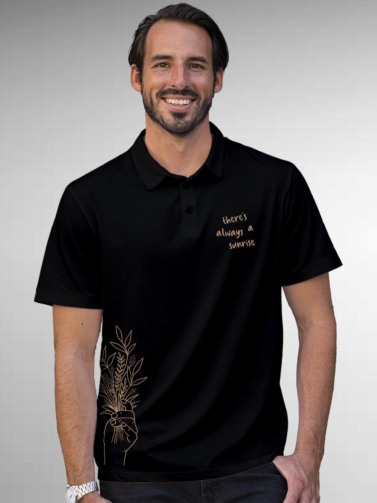 Model wearing Men's Black Polo T-shirt with 'There's Always a Sunrise' design, offering effortless style and premium comfort