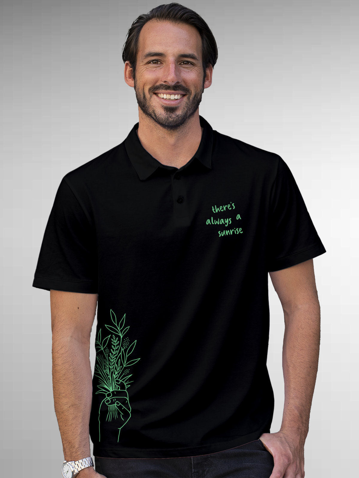 Model wearing Men's Black Polo T-shirt with 'There's Always a Sunrise' design, offering effortless style and premium comfort