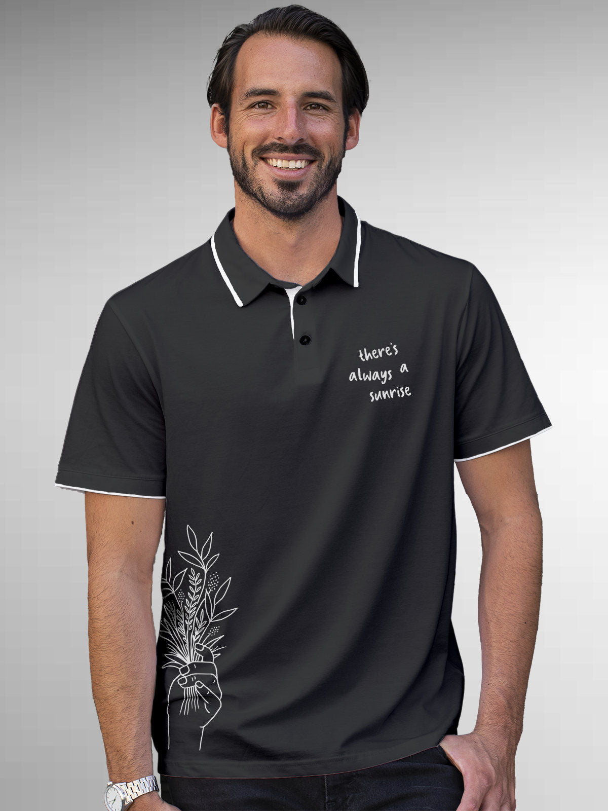 Model wearing Men's Dark Grey Polo T-shirt with 'There's Always a Sunrise' design, offering effortless style and premium comfort