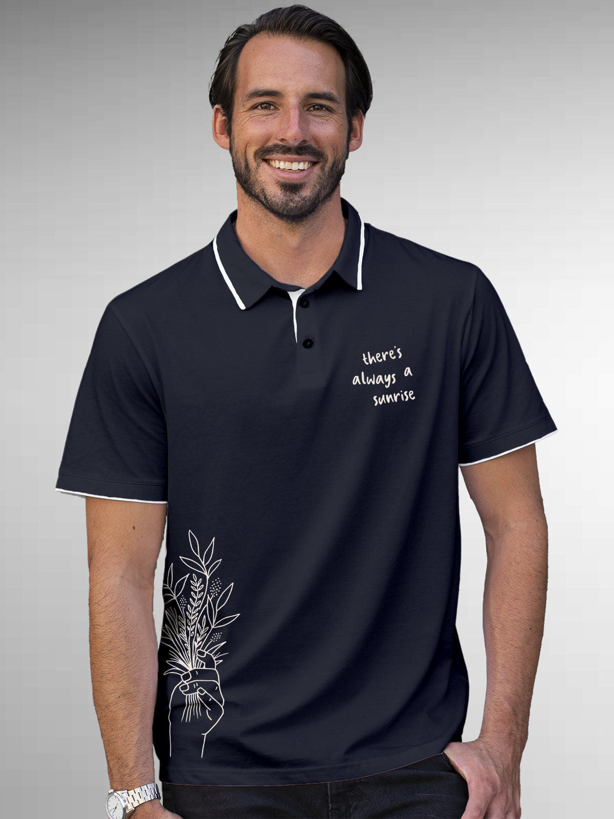 Model wearing Men's Navy Blue Polo T-shirt with 'There's Always a Sunrise' design, offering effortless style and premium comfort