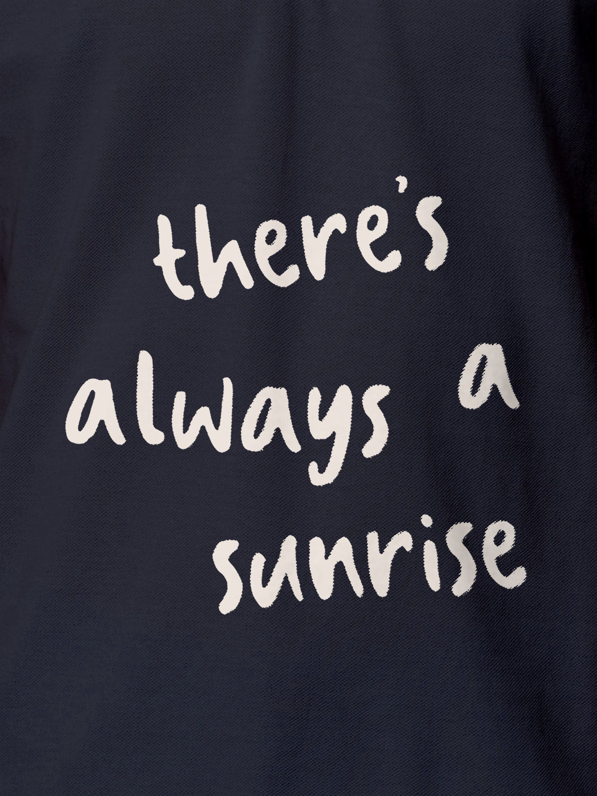 Close up of 'There's Always a Sunrise' design on Men's Navy Blue Polo T-shirt, highlighting intricate details and vibrant print.