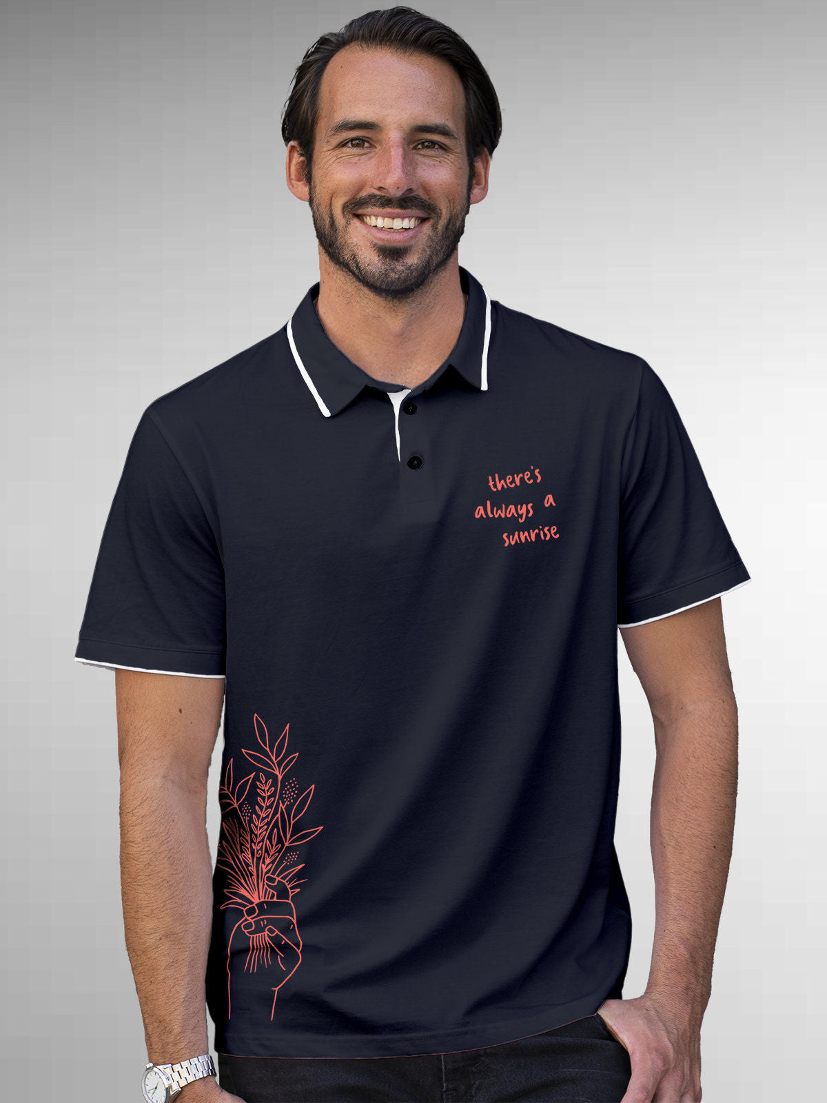 Model wearing Men's Navy Blue Polo T-shirt with 'There's Always a Sunrise' design, offering effortless style and premium comfort
