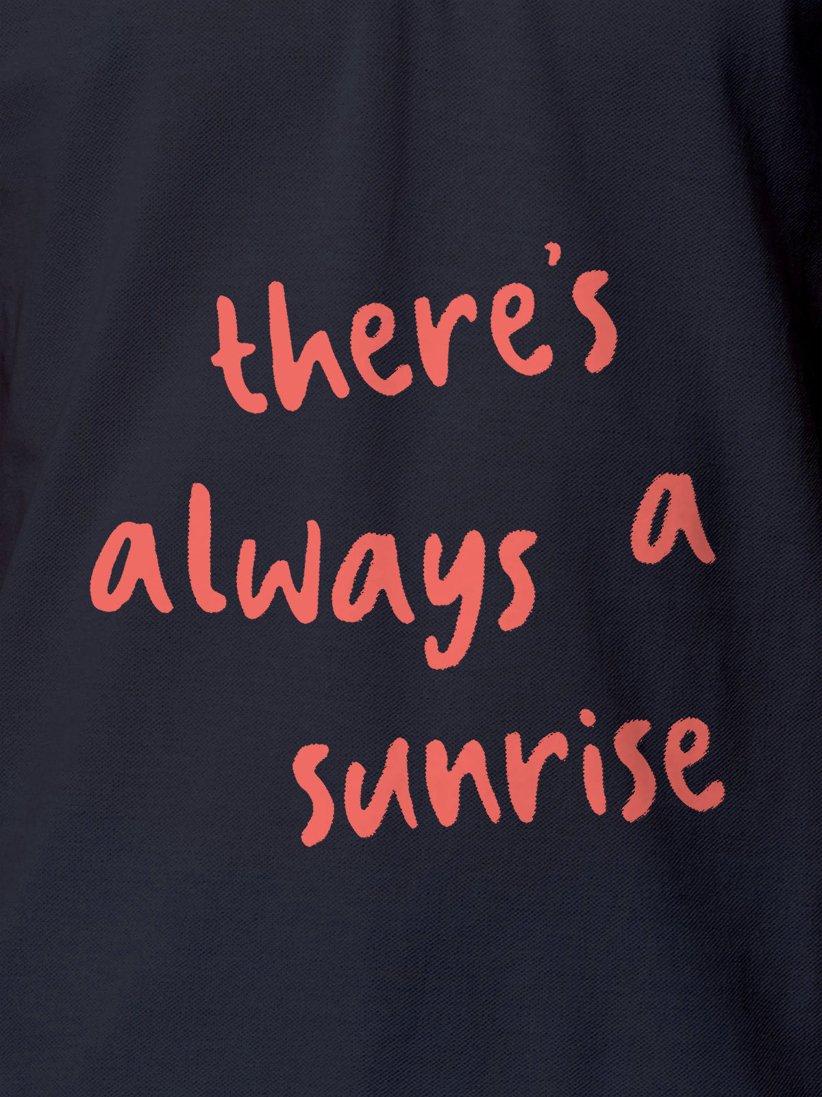Close up of 'There's Always a Sunrise' design on Men's Navy Blue Polo T-shirt, highlighting intricate details and vibrant print.