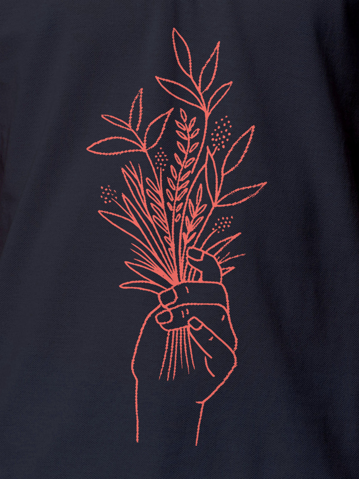Close up of another 'There's Always a Sunrise' design on Men's Navy Blue Collar T-shirt, highlighting the vibrant print.