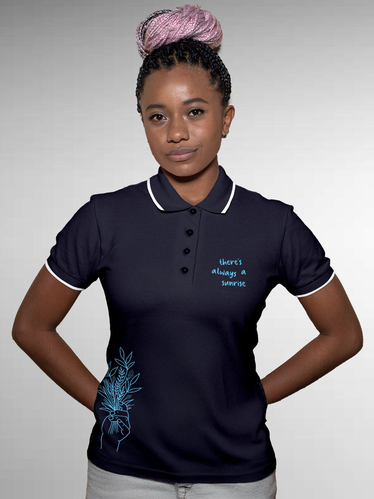 Model wearing Women's Navy Blue Polo T-shirt with 'There's Always a Sunrise' design, offering effortless style and premium comfort
