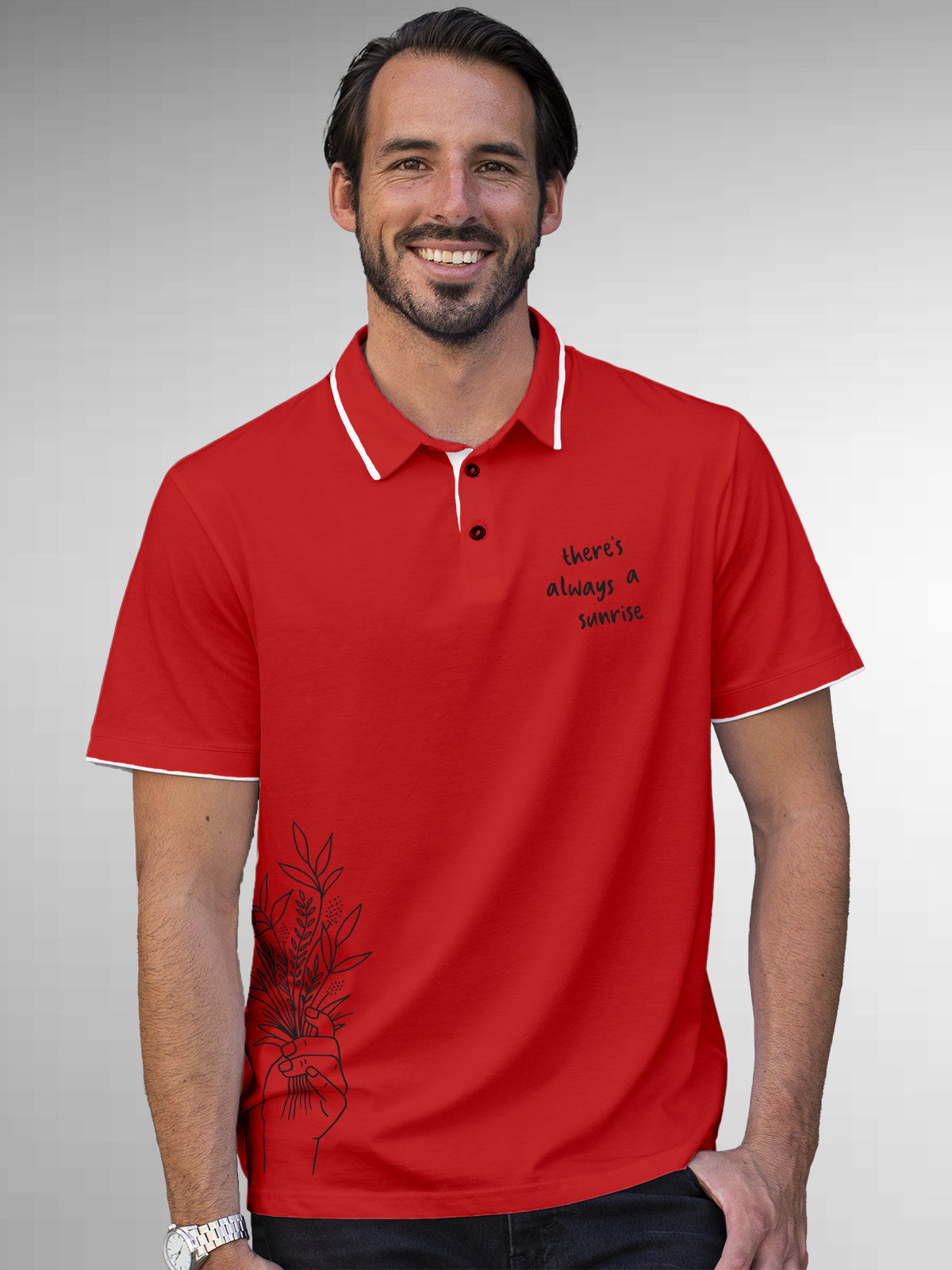 Model wearing Men's Red Polo T-shirt with 'There's Always a Sunrise' design, offering effortless style and premium comfort