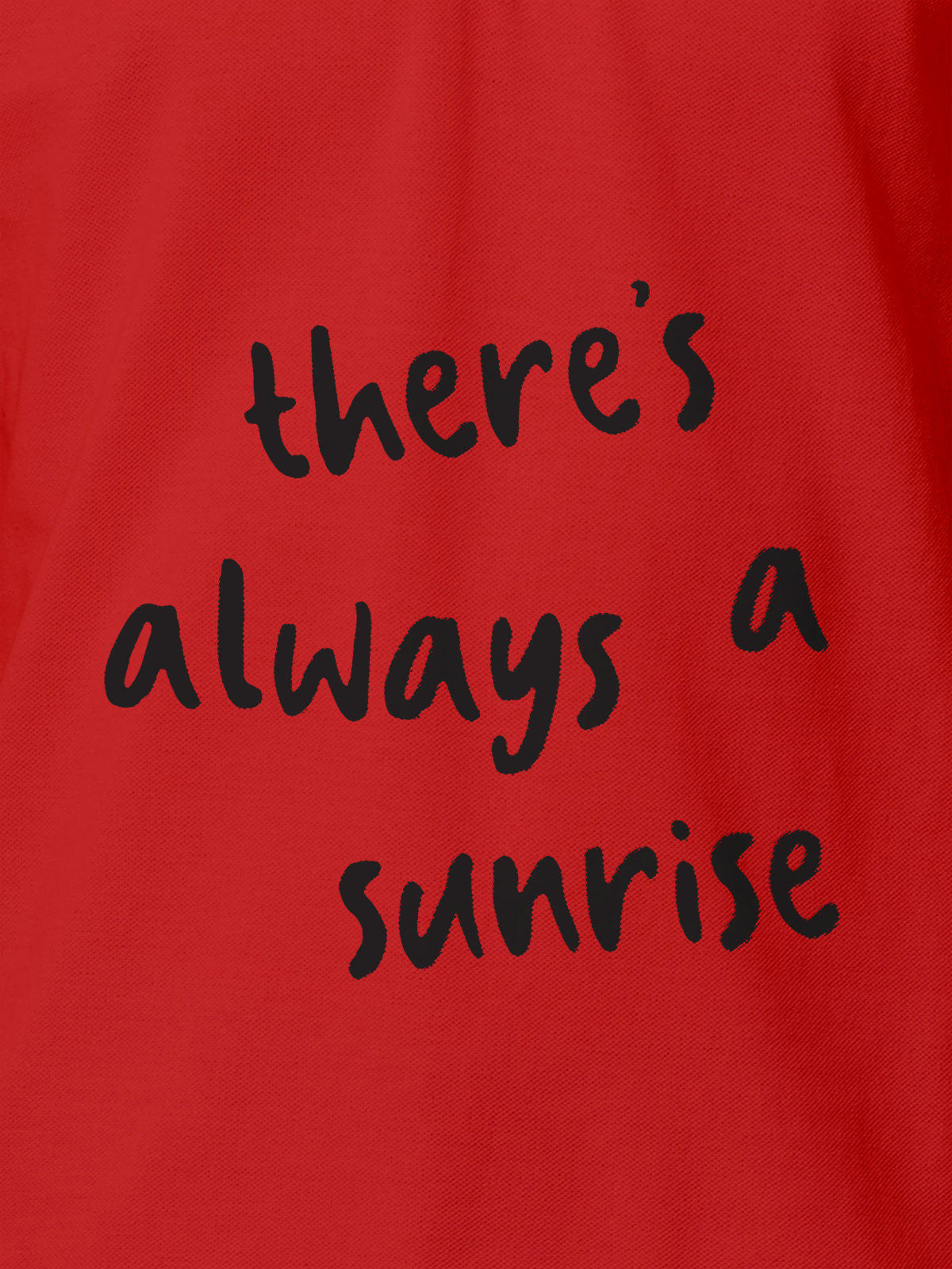 Close up of 'There's Always a Sunrise' design on Men's Red Polo T-shirt, highlighting intricate details and vibrant print.
