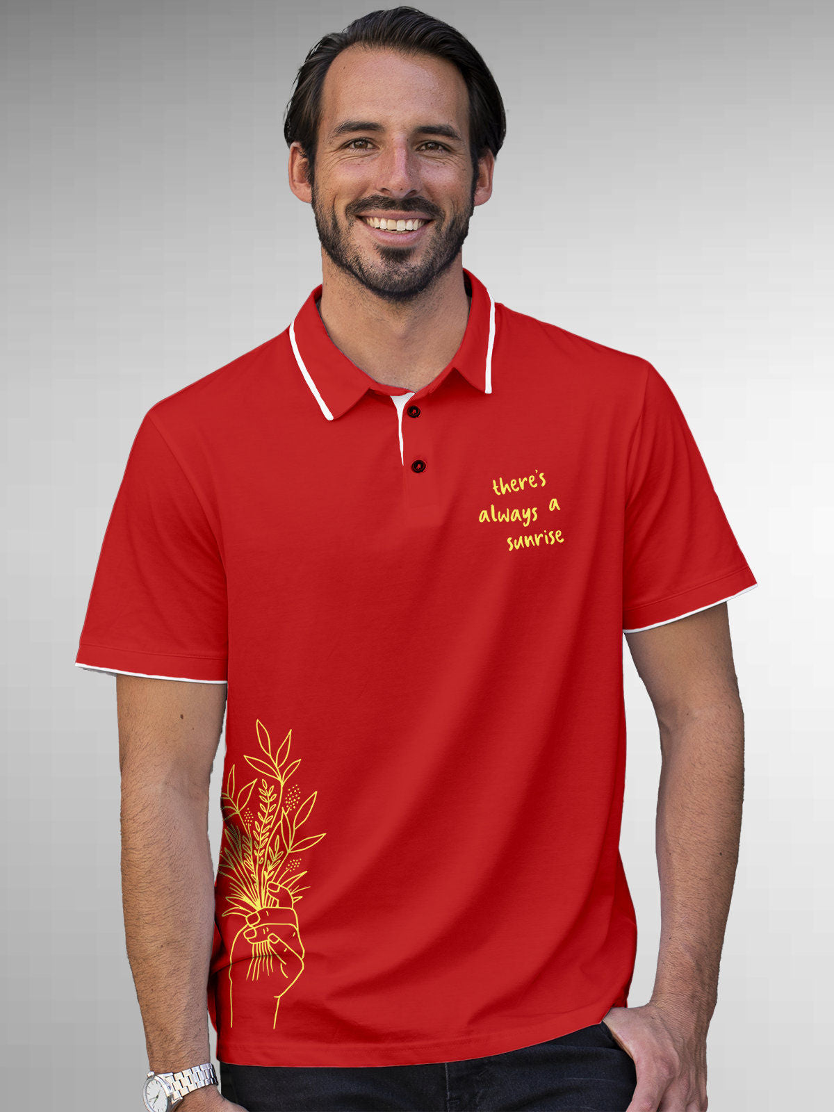 Model wearing Men's Red Polo T-shirt with 'There's Always a Sunrise' design, offering effortless style and premium comfort