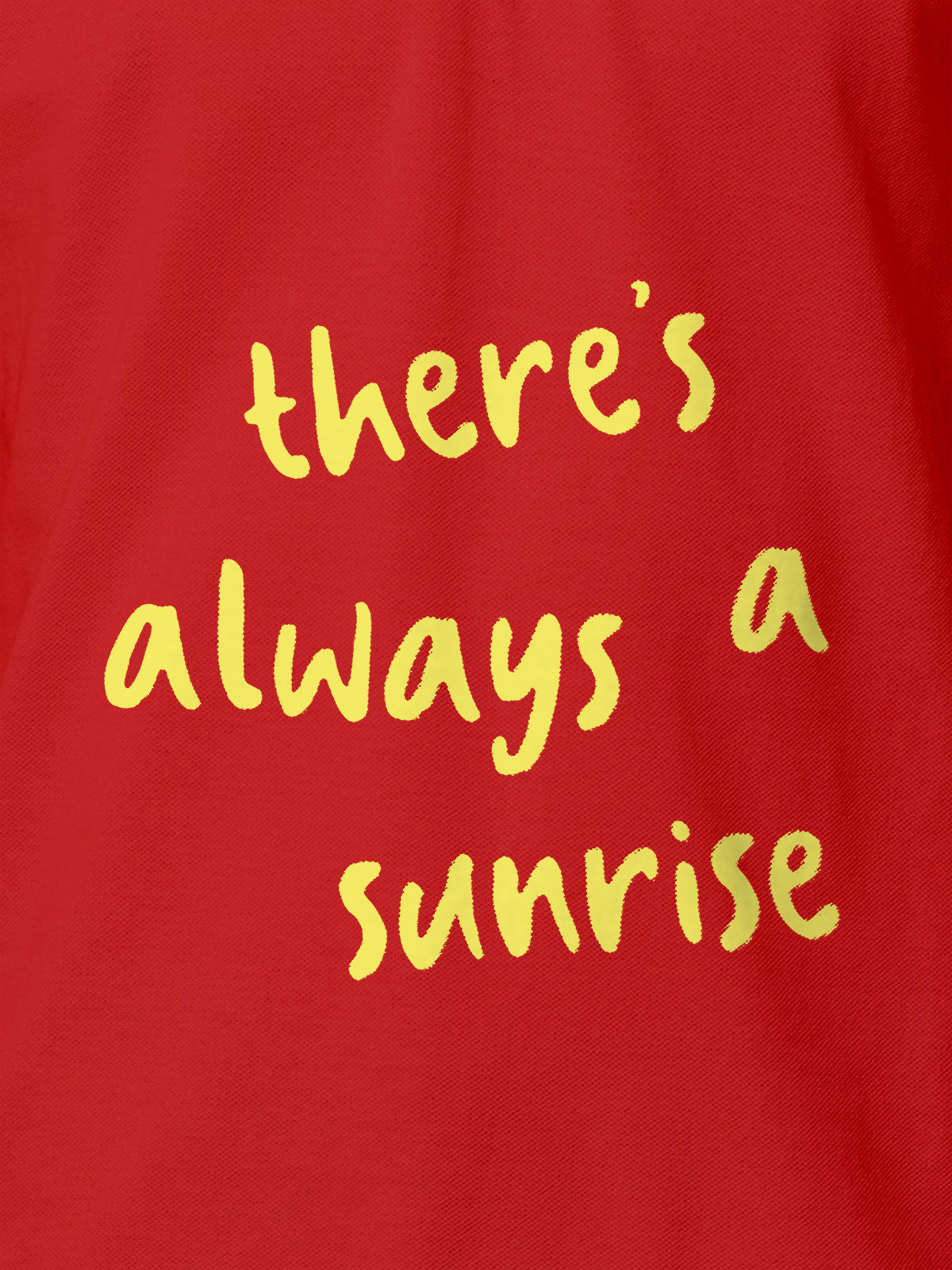 Close up of 'There's Always a Sunrise' design on Men's Red Polo T-shirt, highlighting intricate details and vibrant print.
