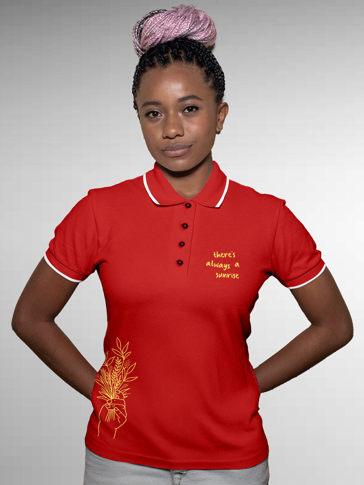 Model wearing Women's Red Polo T-shirt with 'There's Always a Sunrise' design, offering effortless style and premium comfort