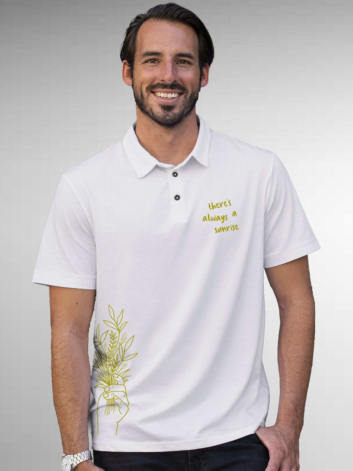Model wearing Men's White Polo T-shirt with 'There's Always a Sunrise' design, offering effortless style and premium comfort
