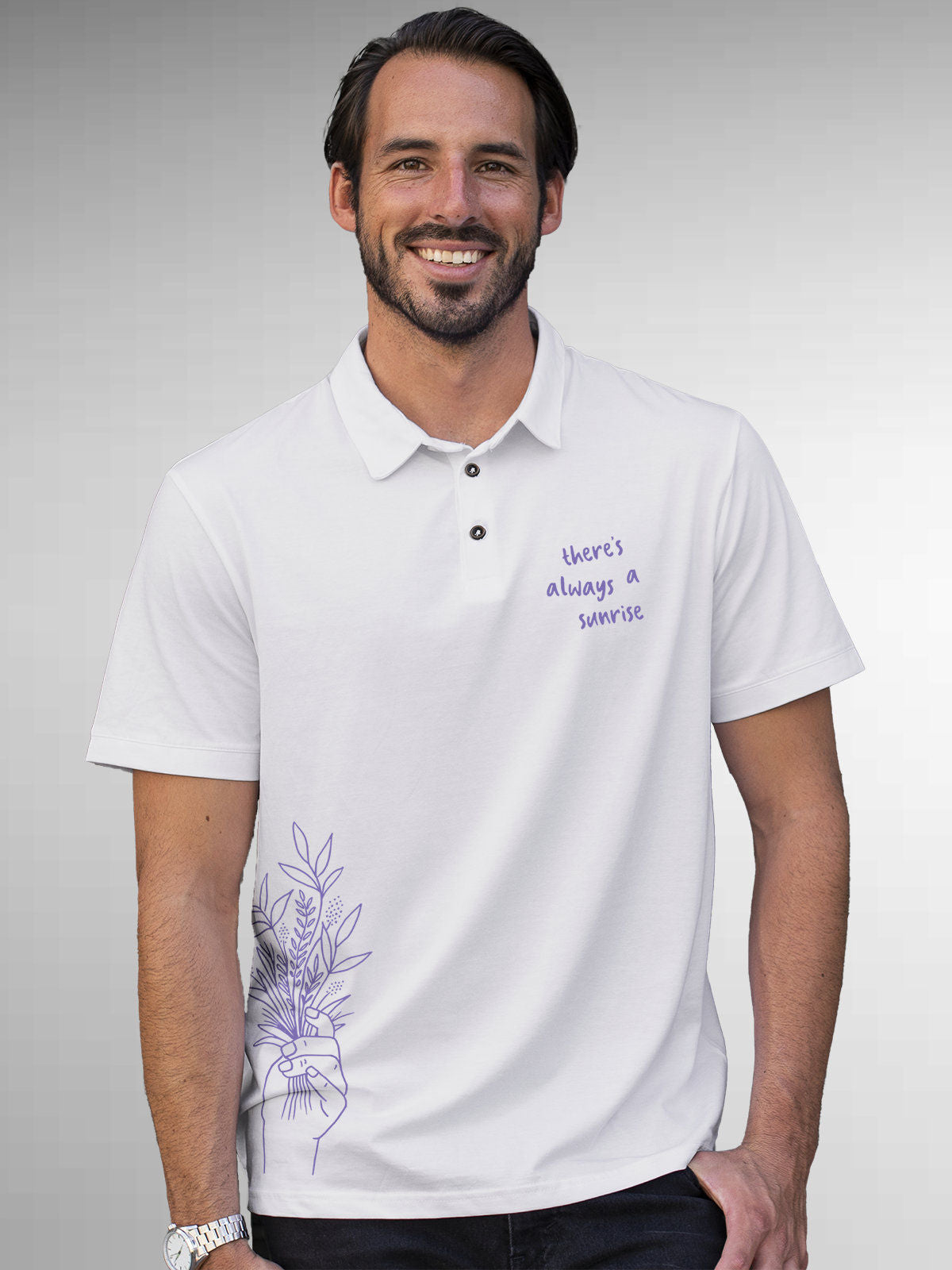 Model wearing Men's White Polo T-shirt with 'There's Always a Sunrise' design, offering effortless style and premium comfort
