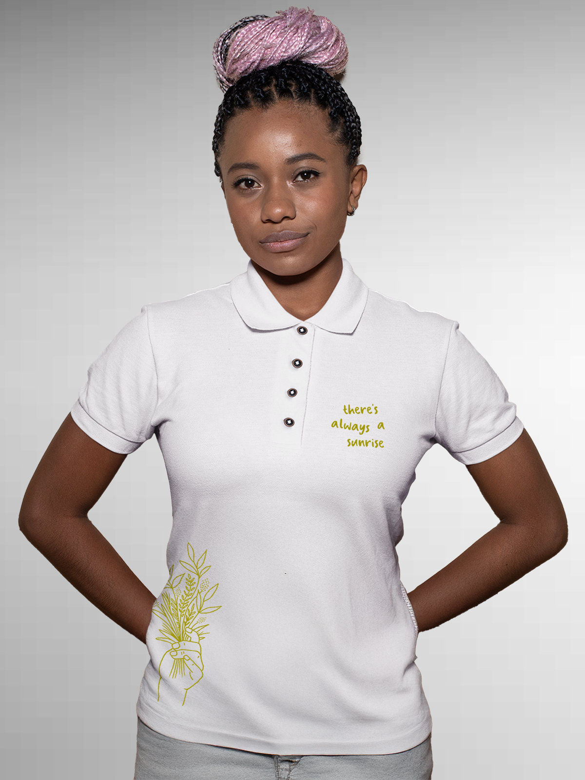Model wearing Women's White Polo T-shirt with 'There's Always a Sunrise' design, offering effortless style and premium comfort