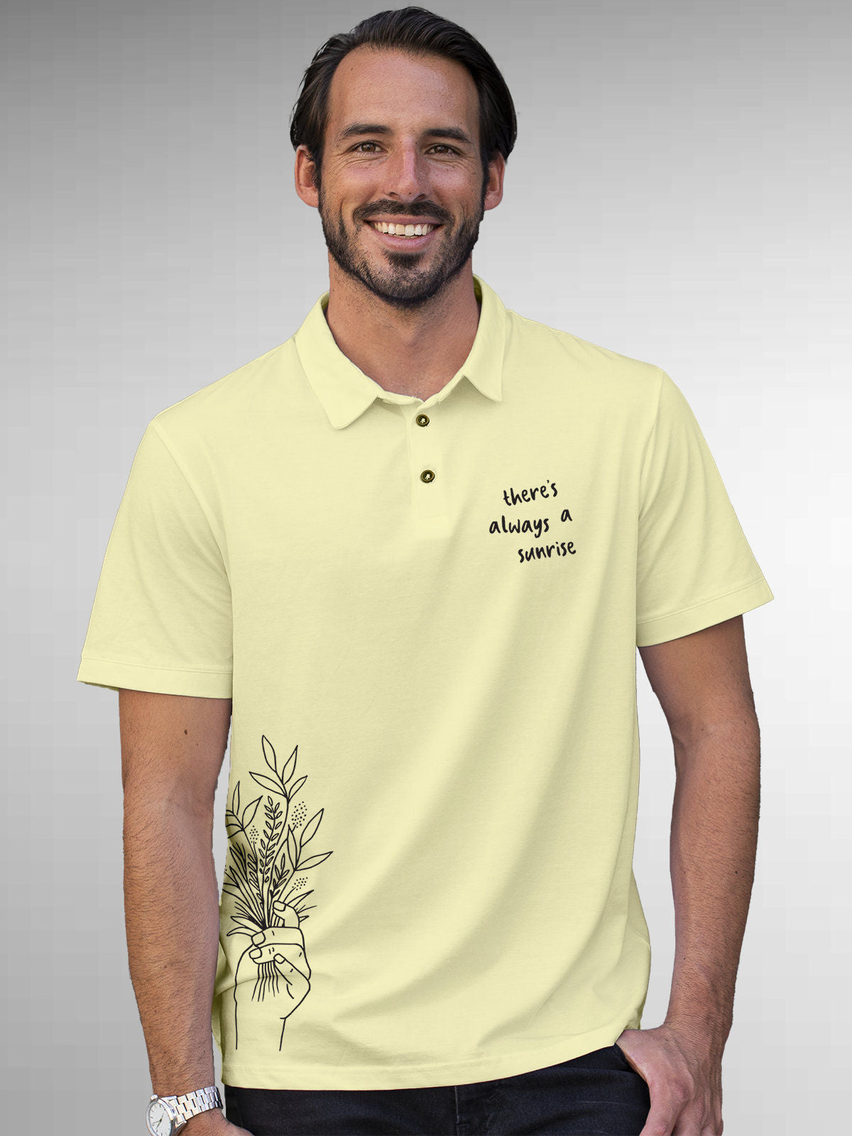 Model wearing Men's Yellow Polo T-shirt with 'There's Always a Sunrise' design, offering effortless style and premium comfort