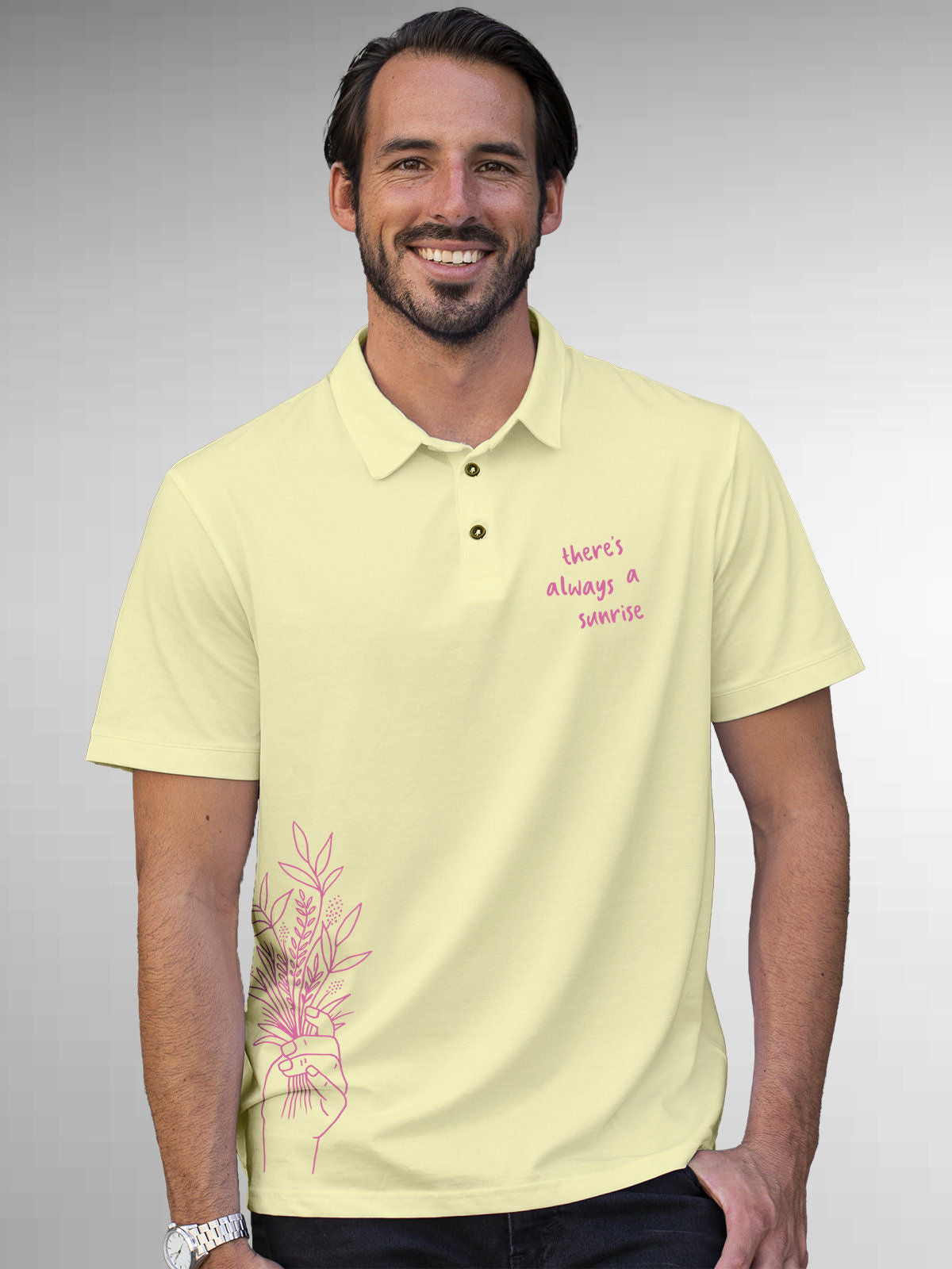 Model wearing Men's Yellow Polo T-shirt with 'There's Always a Sunrise' design, offering effortless style and premium comfort