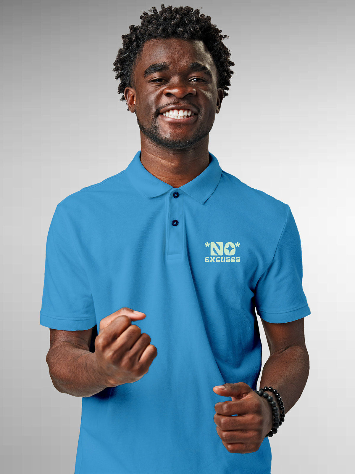 Model wearing Men's Blue Polo T-shirt with 'No Excuses' design, offering effortless style and premium comfort