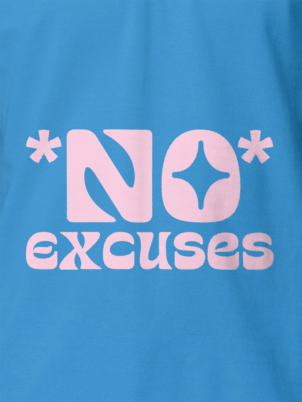 Close up of 'No Excuses' design on Men's Blue Polo T-shirt, highlighting intricate details and vibrant print.