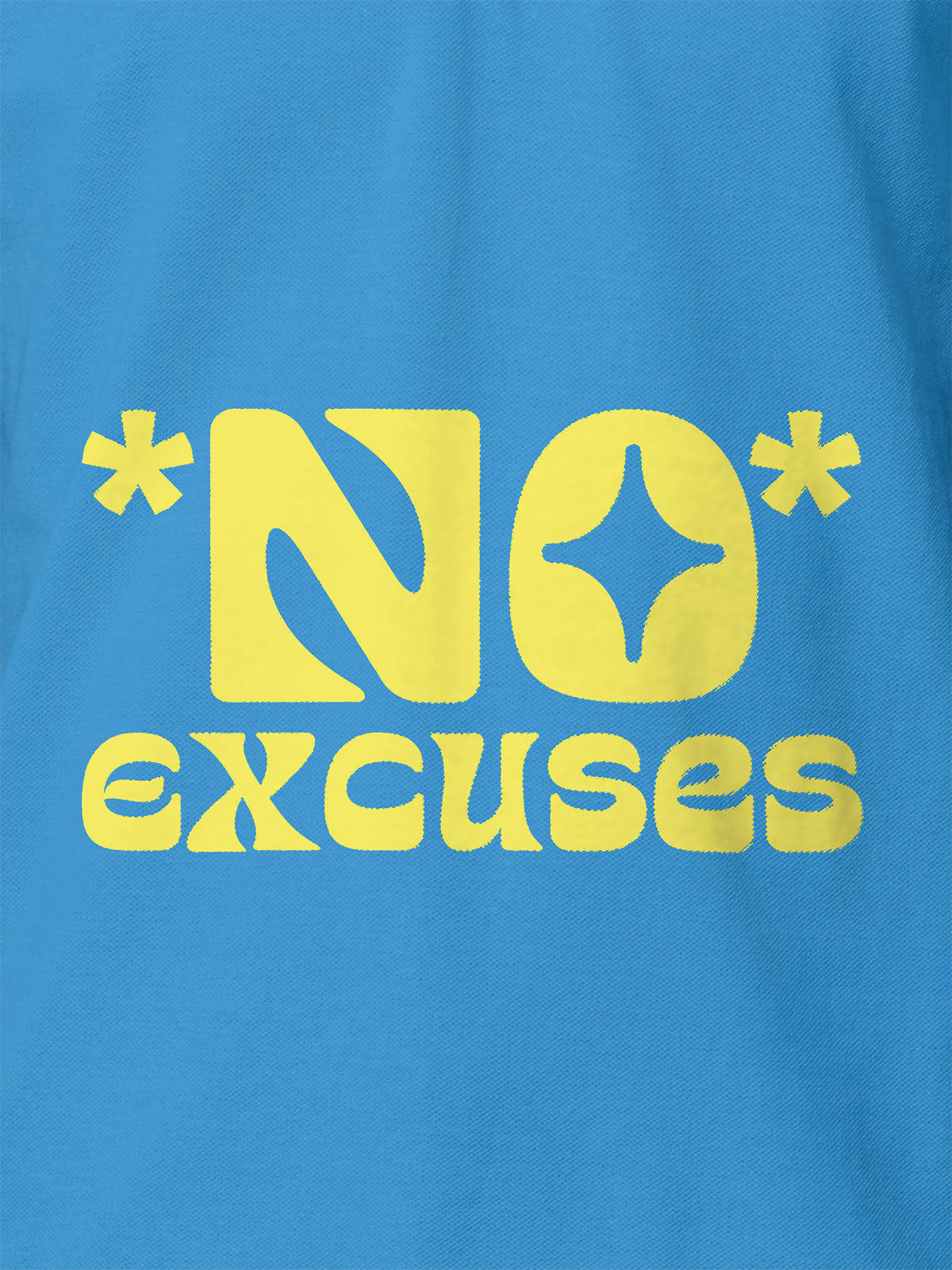 Close up of 'No Excuses' design on Men's Blue Polo T-shirt, highlighting intricate details and vibrant print.