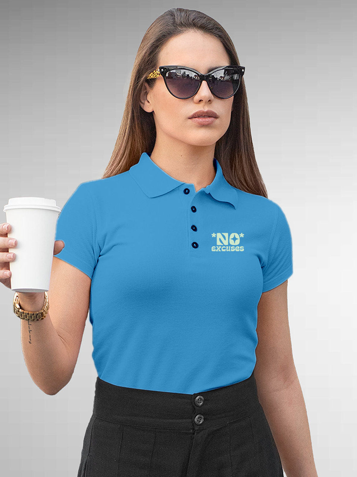Model wearing Women's Blue Polo T-shirt with 'No Excuses' design, offering effortless style and premium comfort