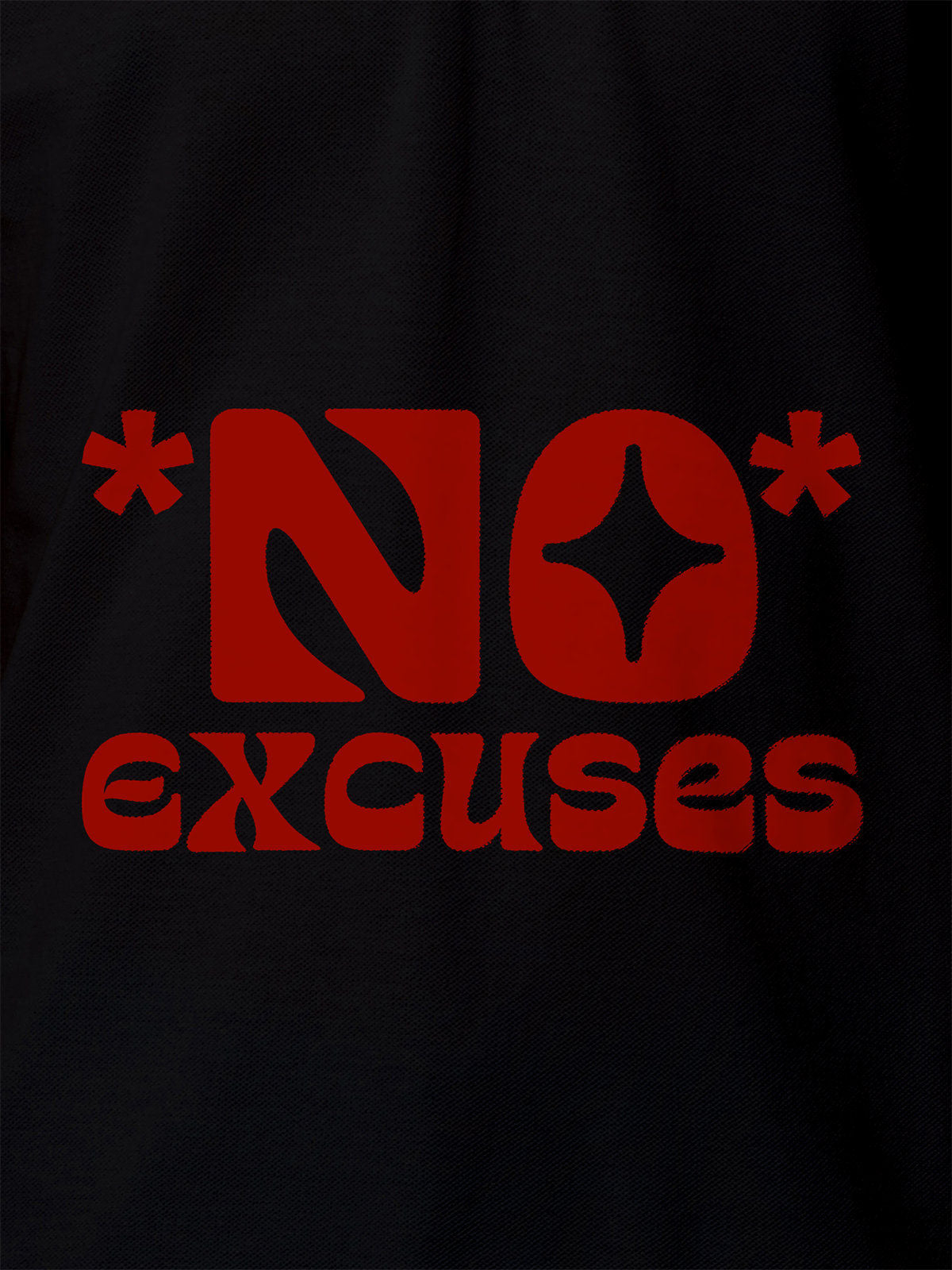 Close up of 'No Excuses' design on Men's Black Polo T-shirt, highlighting intricate details and vibrant print.