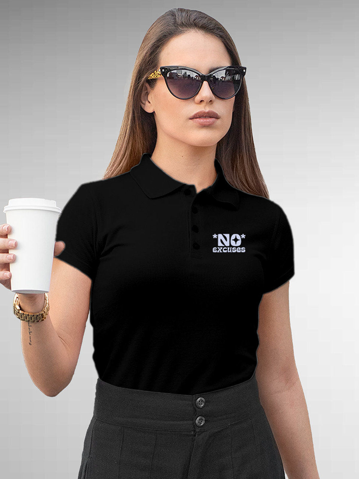 Model wearing Women's Black Polo T-shirt with 'No Excuses' design, offering effortless style and premium comfort