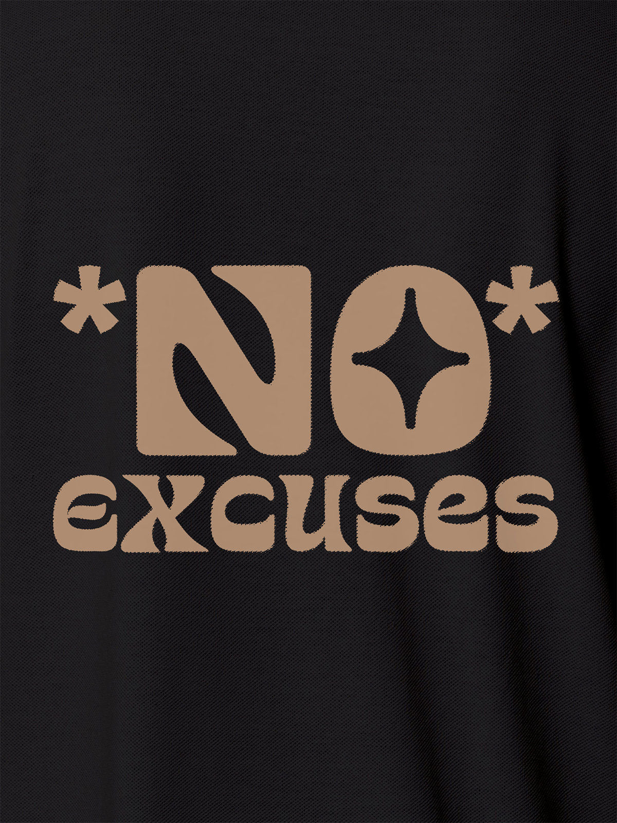 Close up of 'No Excuses' design on Women's Dark Grey Polo T-shirt, highlighting intricate details and vibrant print.