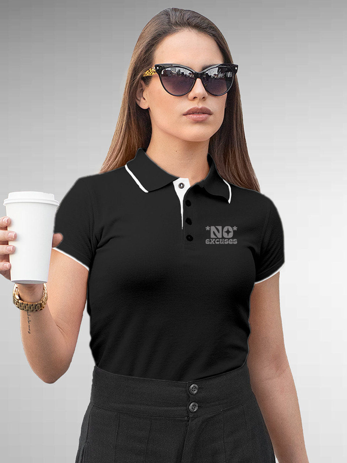 Model wearing Women's Dark Grey Polo T-shirt with 'No Excuses' design, offering effortless style and premium comfort