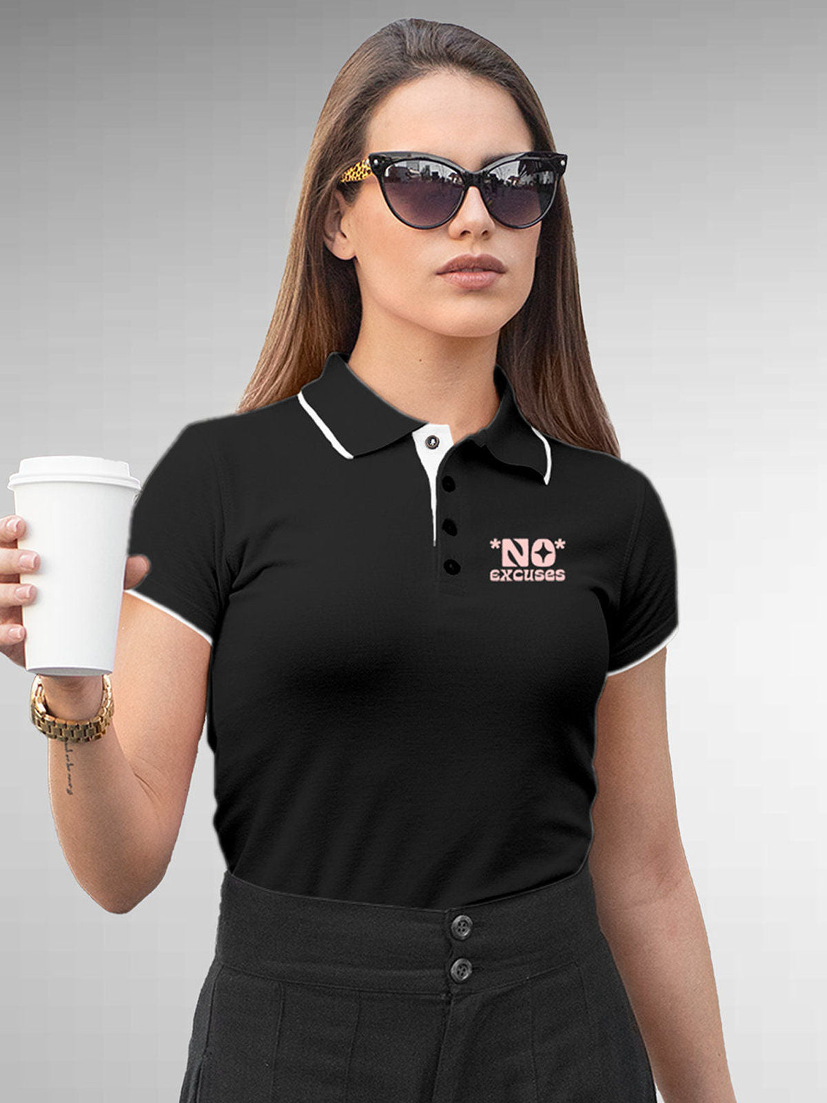 Model wearing Women's Dark Grey Polo T-shirt with 'No Excuses' design, offering effortless style and premium comfort