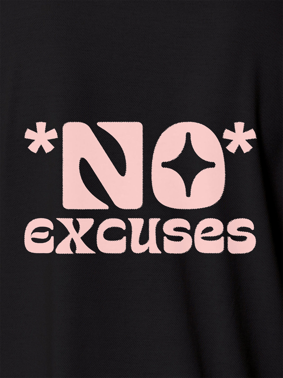 Close up of 'No Excuses' design on Women's Dark Grey Polo T-shirt, highlighting intricate details and vibrant print.