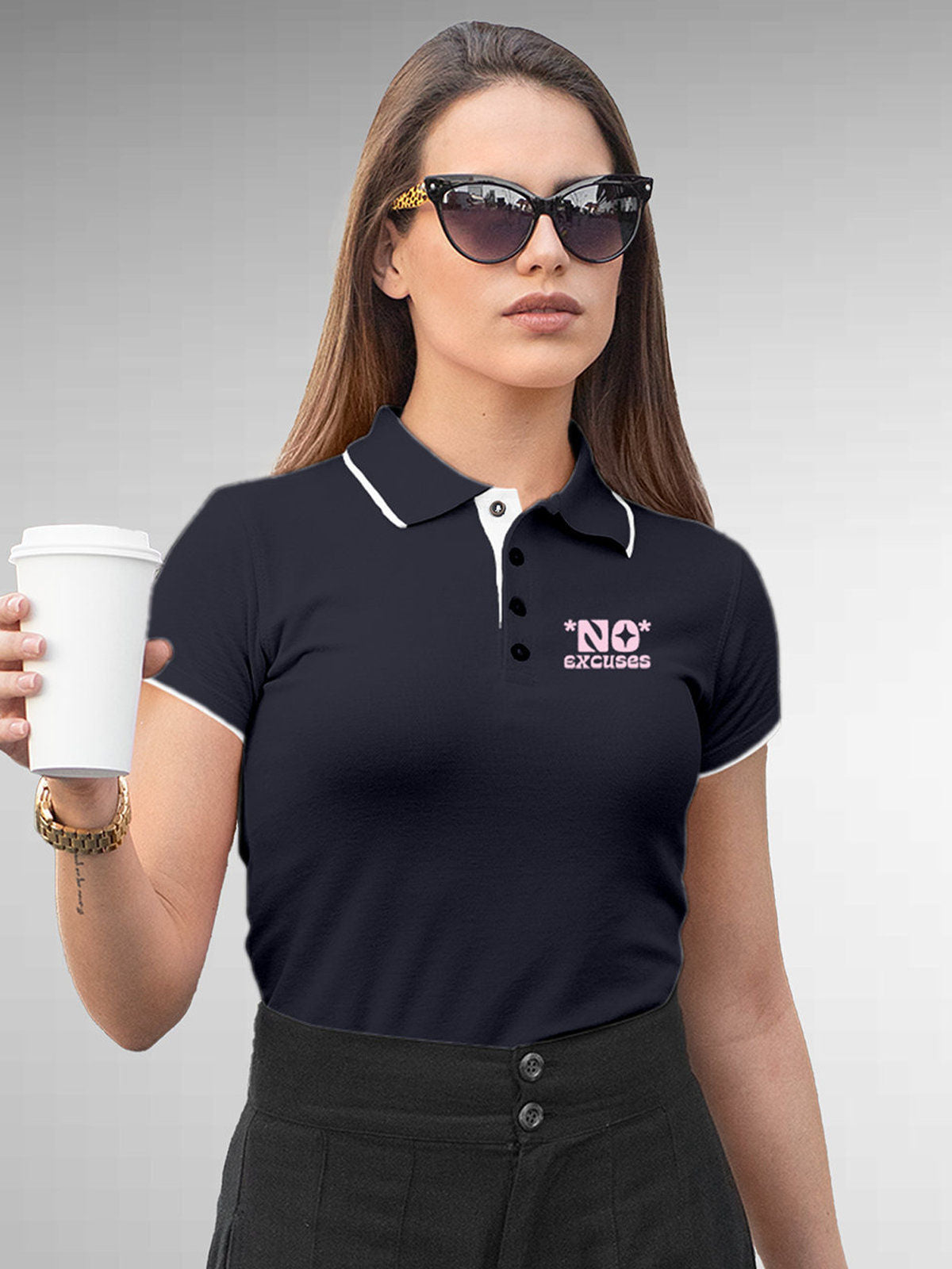 Model wearing Women's Navy Blue Polo T-shirt with 'No Excuses' design, offering effortless style and premium comfort