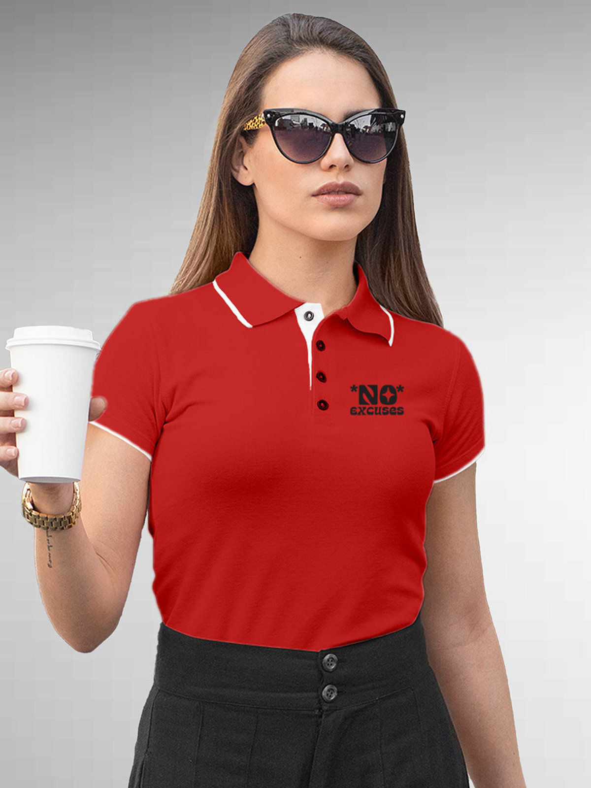 Model wearing Women's Red Polo T-shirt with 'No Excuses' design, offering effortless style and premium comfort