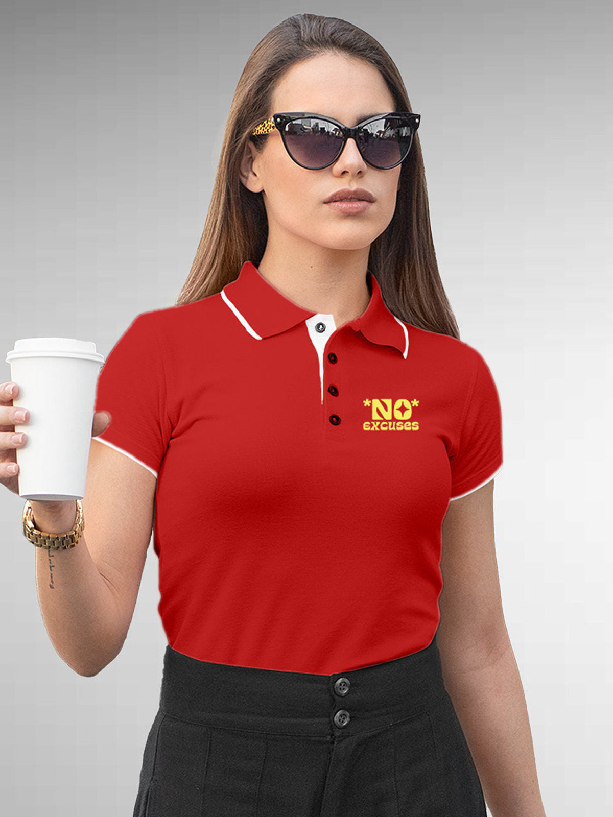 Model wearing Women's Red Polo T-shirt with 'No Excuses' design, offering effortless style and premium comfort