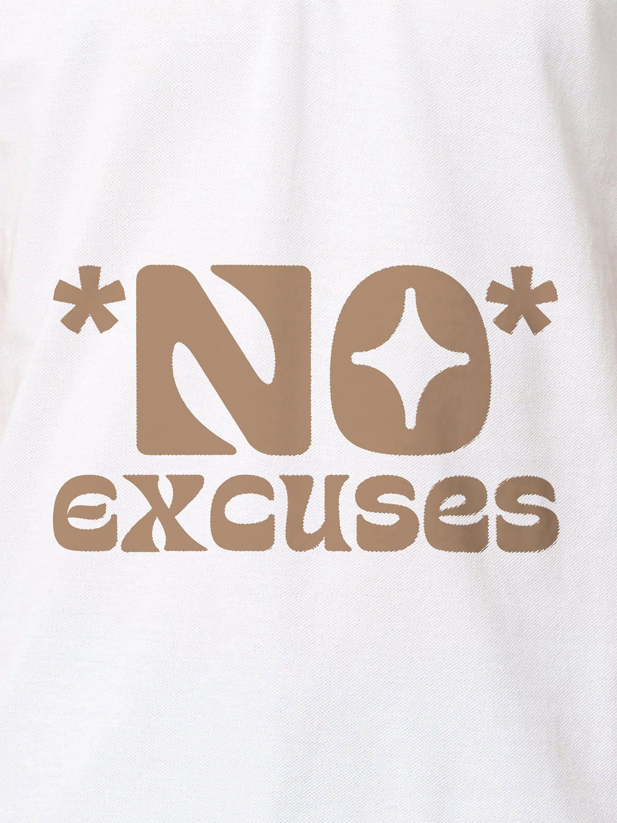 Close up of 'No Excuses' design on Men's White Polo T-shirt, highlighting intricate details and vibrant print.