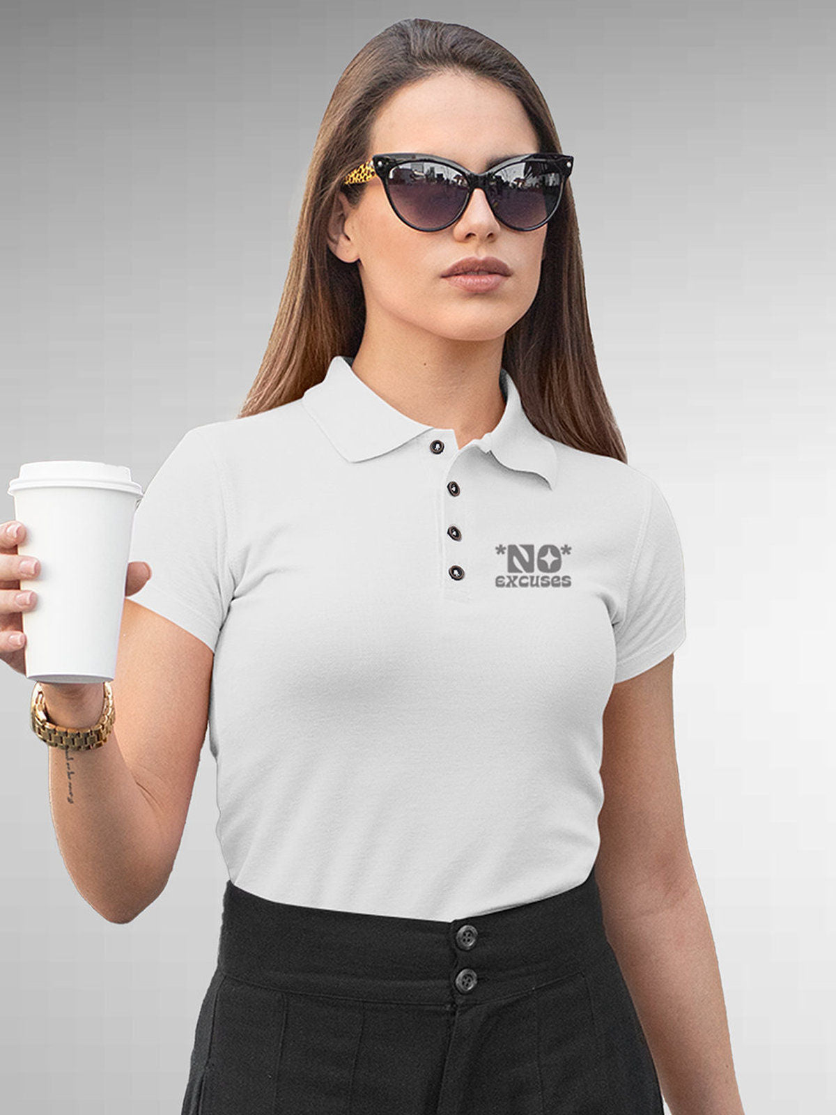 Model wearing Women's White Polo T-shirt with 'No Excuses' design, offering effortless style and premium comfort