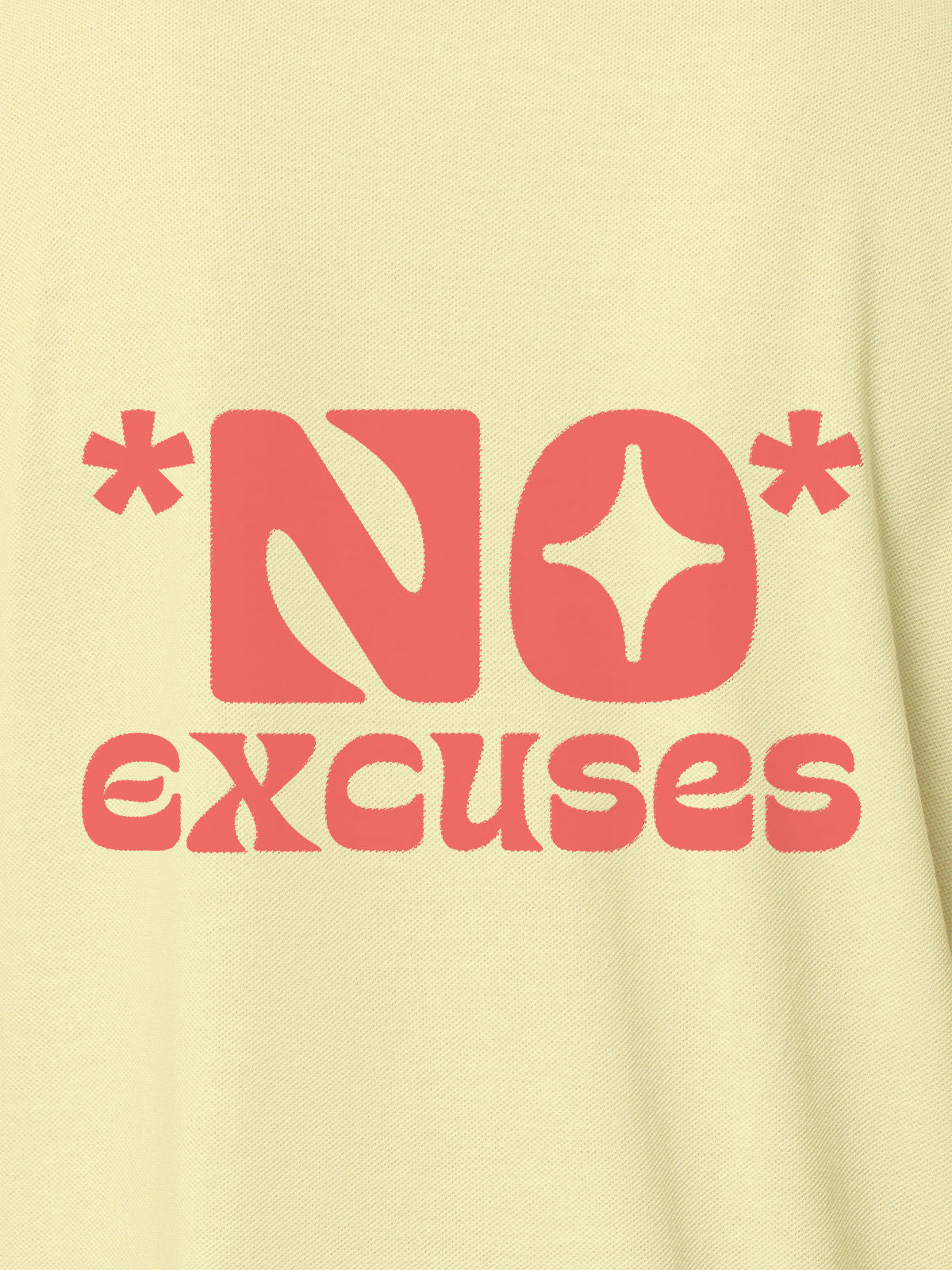 Close up of 'No Excuses' design on Women's Yellow Polo T-shirt, highlighting intricate details and vibrant print.