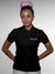 Model wearing Women's Black Polo T-shirt with 'Chase The Impossible' design, offering effortless style and premium comfort