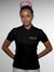 Model wearing Women's Black Polo T-shirt with 'Chase The Impossible' design, offering effortless style and premium comfort