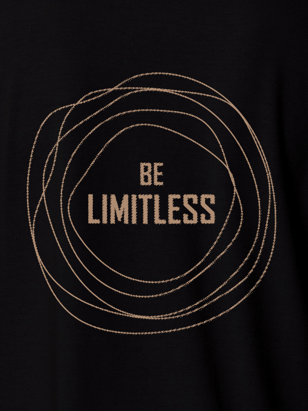 Close up of 'Be Limitless' design on Men's Black Polo T-shirt, highlighting intricate details and vibrant print.