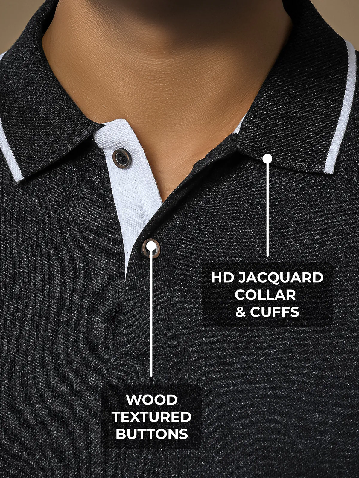 Women's Dark Grey Polo T-shirt with HD Jacquard Collar, Cuffs, and Wood-Textured Buttons, for a premium look.