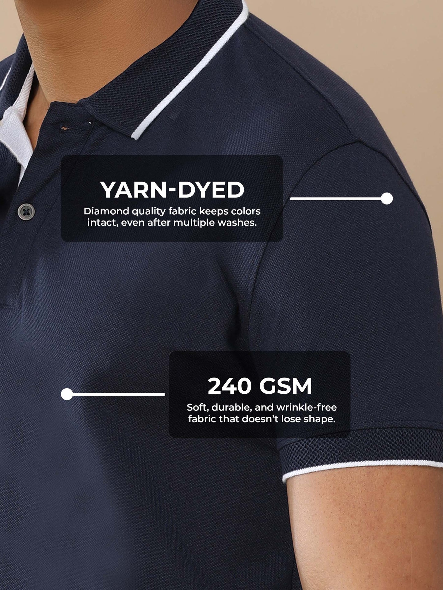 Men's Navy Blue Polo T-shirt made of 240 GSM strong, wrinkle-resistant fabric that doesn't lose color or shape.