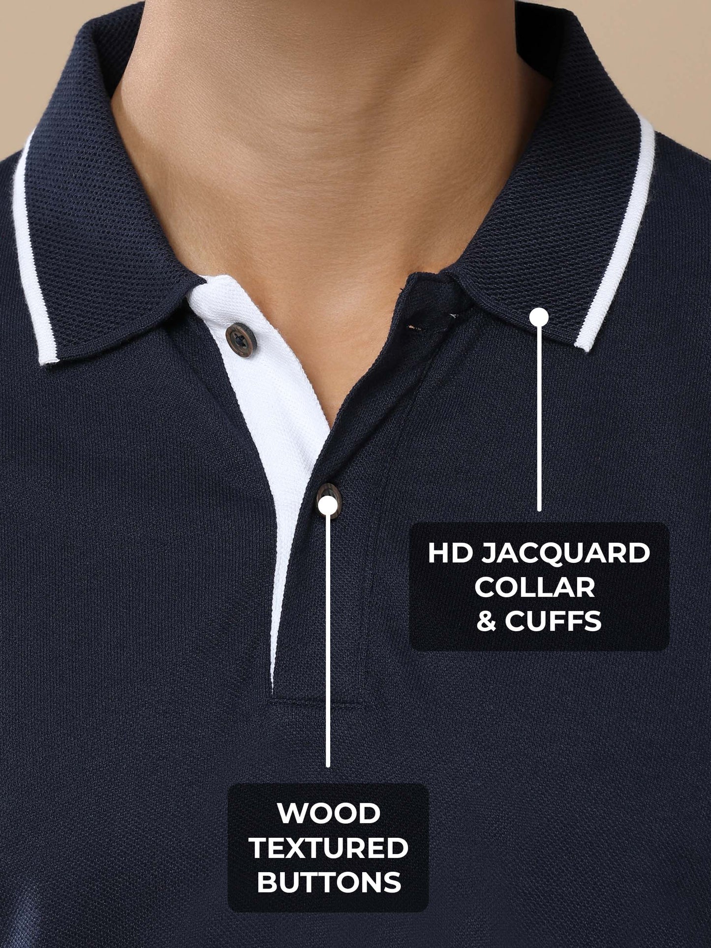Men's Navy Blue Polo T-shirt with HD Jacquard Collar, Cuffs, and Wood-Textured Buttons, for a premium look.