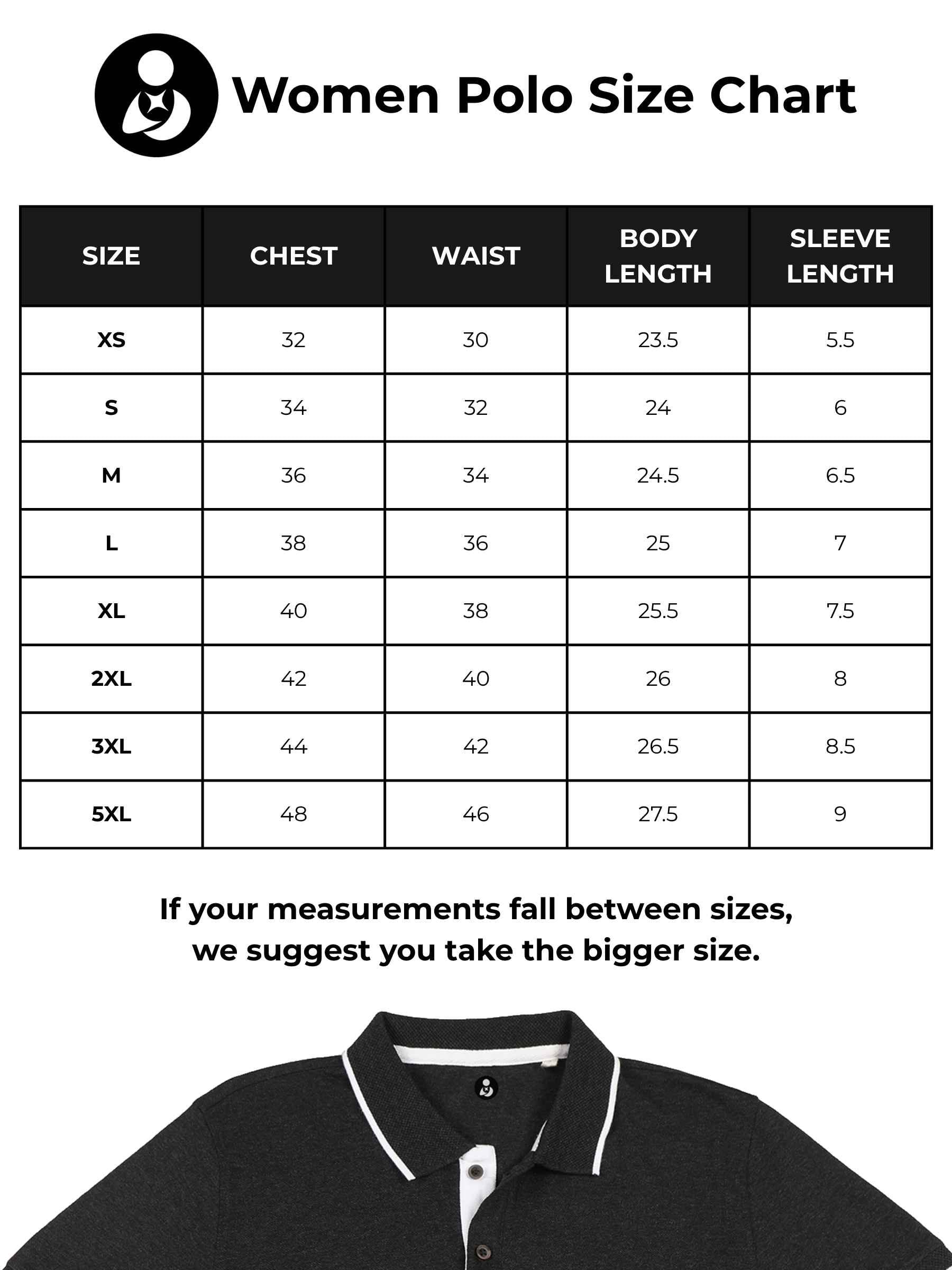 Size chart for Fighterhero Women's Dark Grey Collar T-shirt with 'Calm' design - Size XS-32