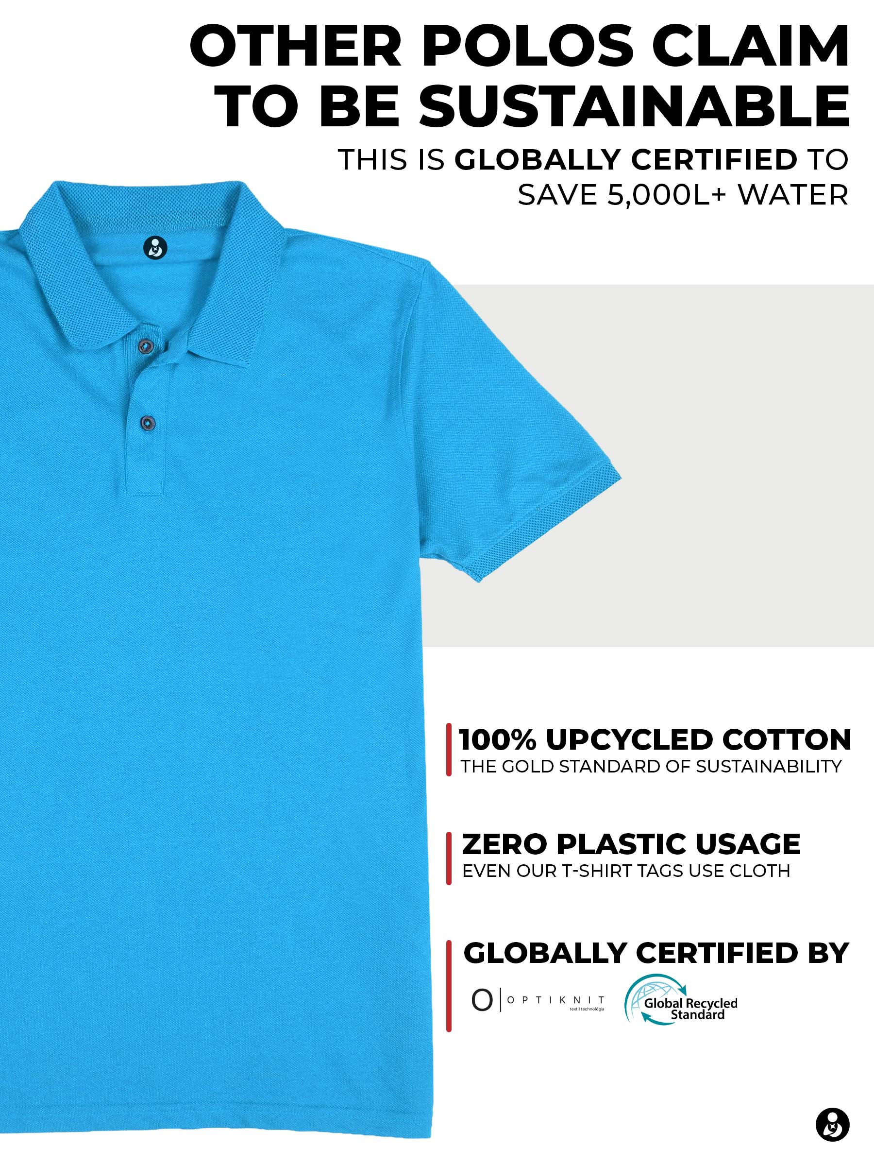 Sustainable Men's Blue Polo T-shirt, certified by Optiknit Textil & Global Recycled Standard, saving 5000L of water