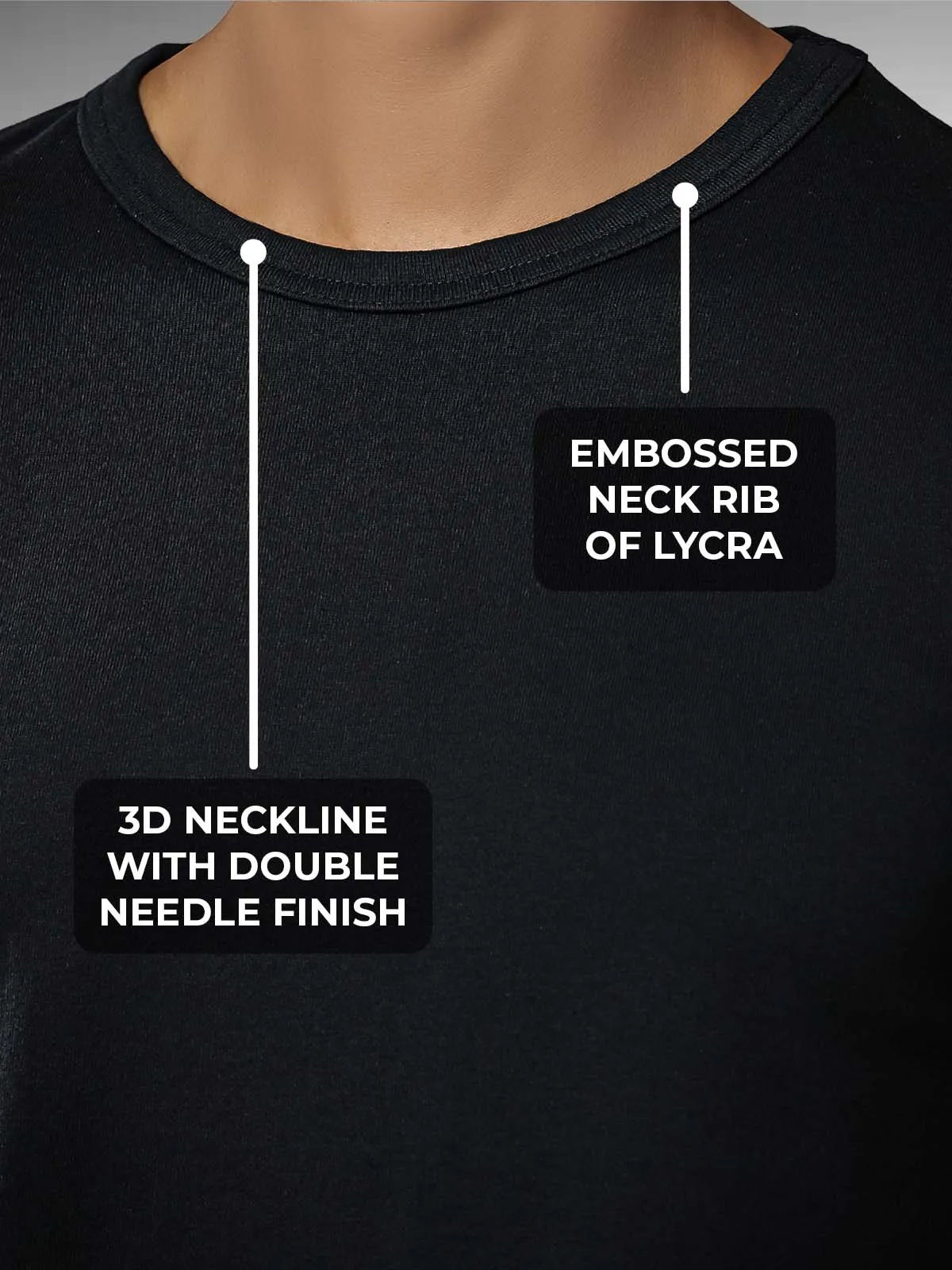 Women's Black Round Neck T-shirt having 3D Neckline with Double Needle Finish & Embossed Lycra Rib, for a premium look.