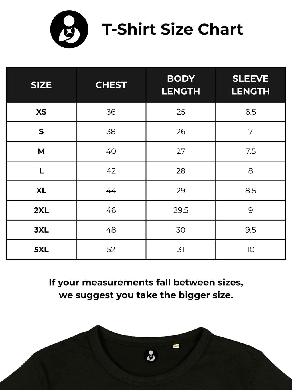 Size chart for Fighterhero Men's Black T-shirt with 'Plain Solid' design
