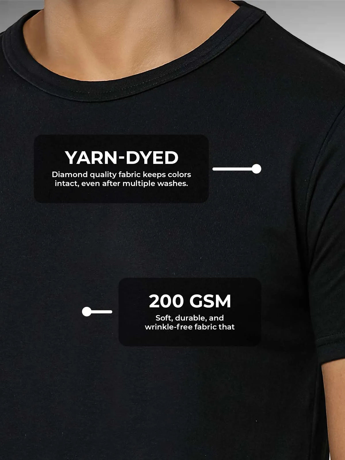 Men's Black Round Neck T-shirt made of 200 GSM strong, wrinkle-resistant fabric that doesn't lose color or shape.